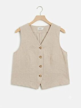 Wren Beige Linen Blend Tailored Button Front Vest Waistcoat Size Large NWT